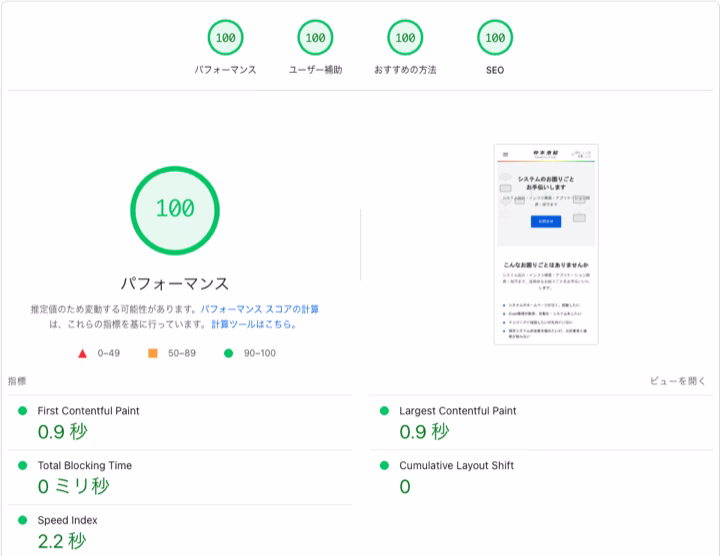 モバイルの PageSpeed Insights 結果（各指標 100 点）